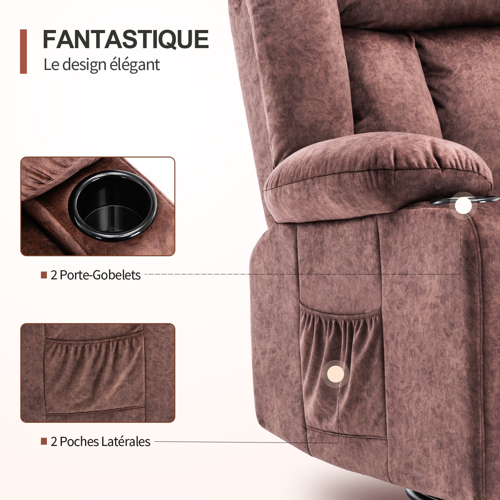 COMHOMA Chaise de relaxation manuelle pivotante pour adultes avec dossier réglable et repose-pieds, chaise de salon 361°, porte-gobelet, poches latérales, tissu doux, ergonomique, marron