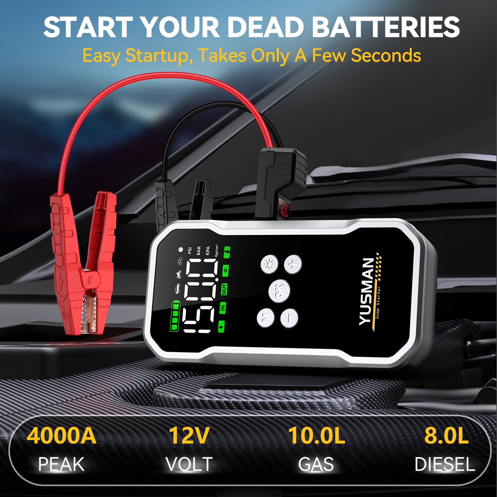 Chargeur de démarrage YUSMAN avec compresseur | 7000A pour tous les moteurs essence et 7L diesel | Pompe à air 150 PSI avec écran LCD et lampe torche multifonction