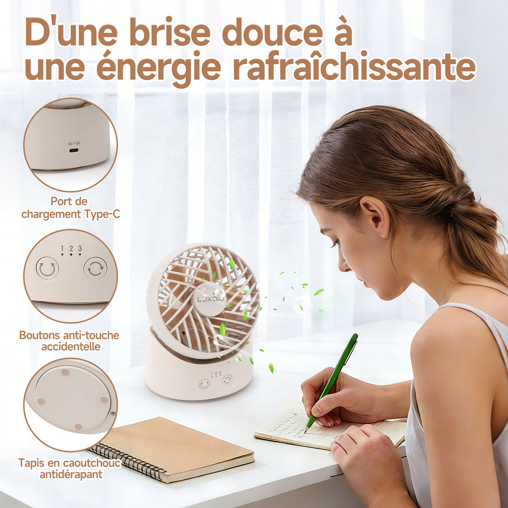 Luxaid Mini ventilateur de bureau, oscillation à 60°, 3 vitesses, batterie 1800 mAh avec chargement USB-C, autonomie continue de 8 h, compact et portable