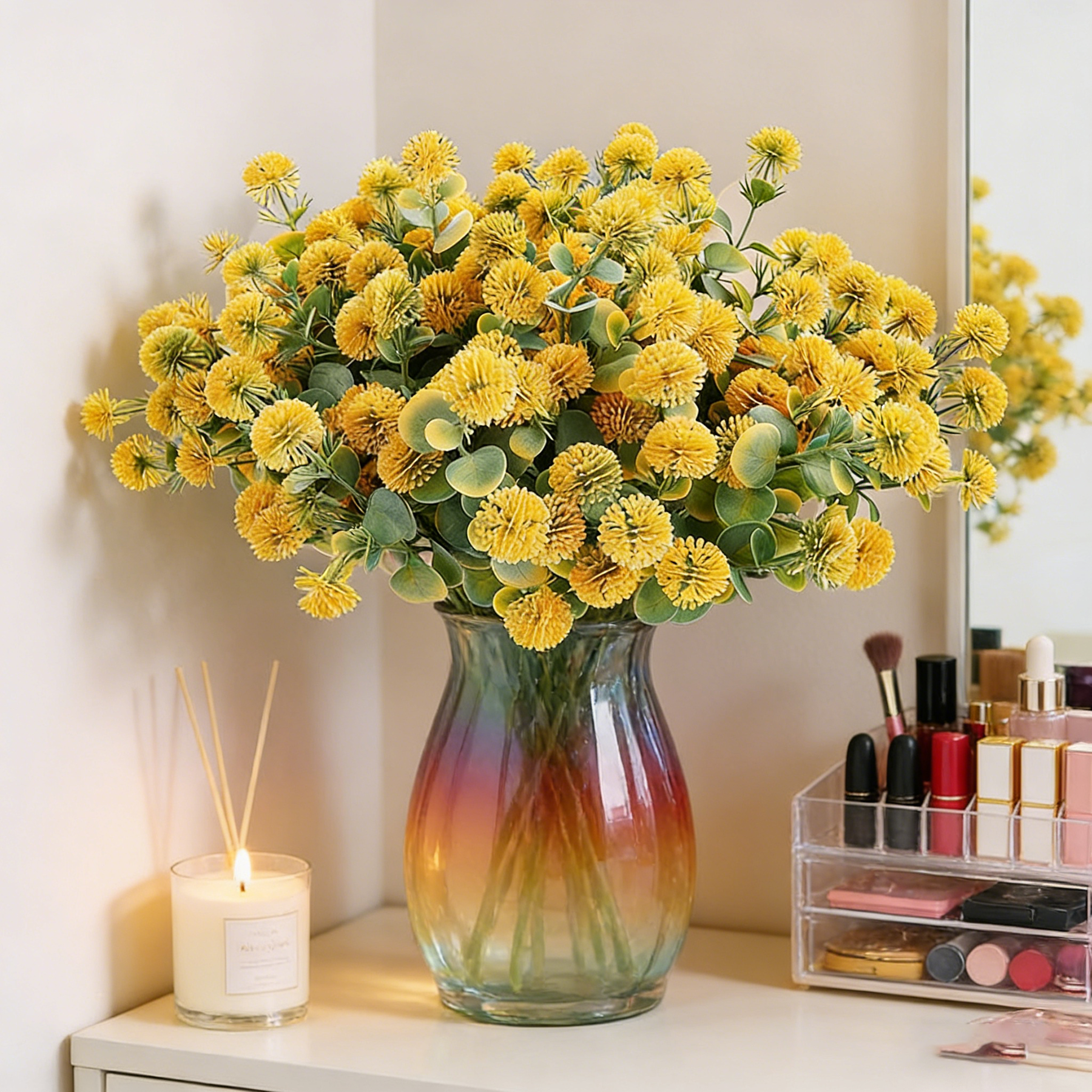 Yuejia Bouquet de 4 fleurs Craspédie artificielles 35 cm - Jaune