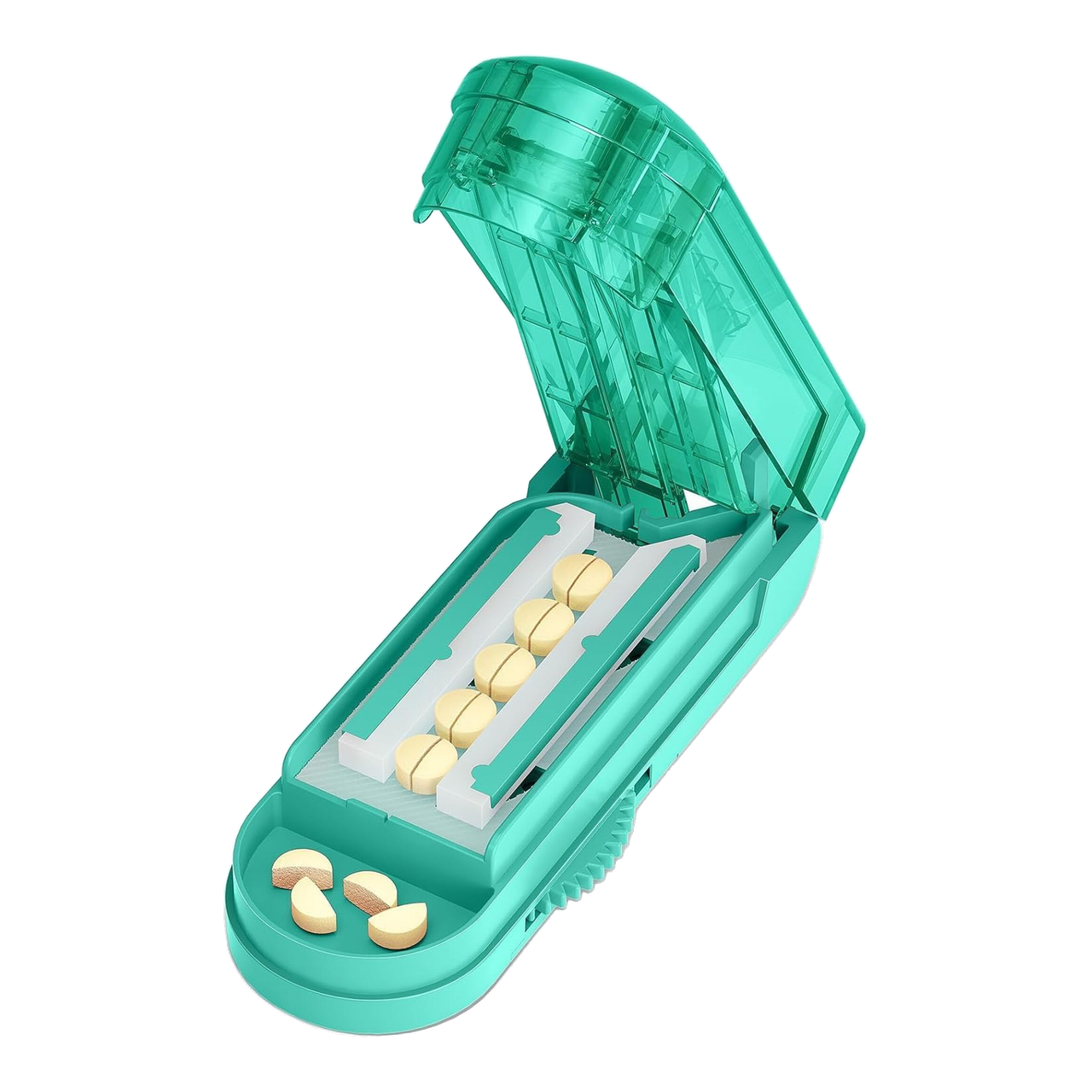 Coupe-Comprimés Professionnel VVM Réglable pour Petites et Très Petites Pilules, Lame en Acier Inoxydable Cachée, Coupe Sécurisée de Plusieurs Comprimés à la Fois, Couleur Cyan