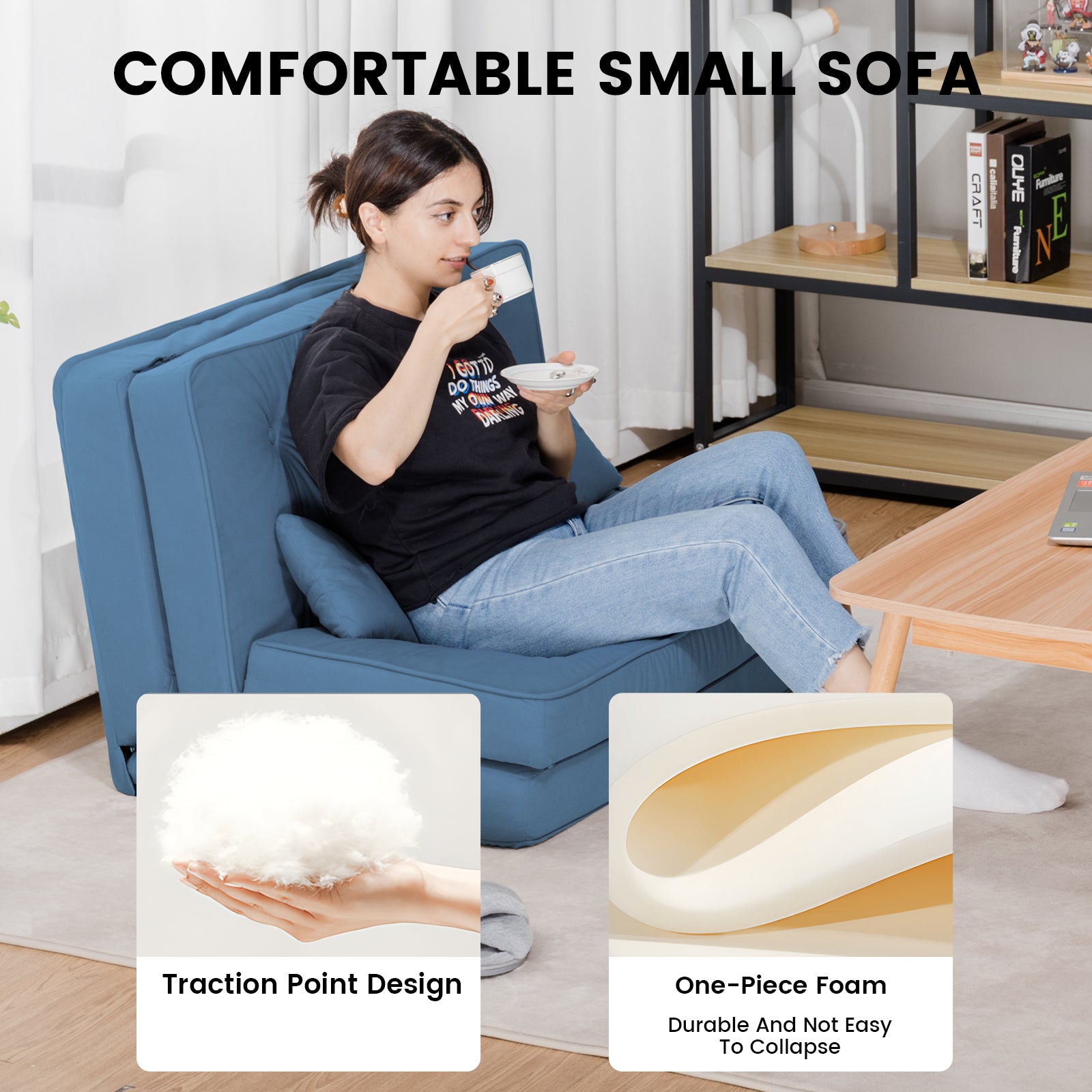 COMHOMA Canapé-lit pliant, 3-en-1 avec dossier réglable à 6 niveaux, 2 coussins lombaires, convient pour salon, chambre et camping, Bleu