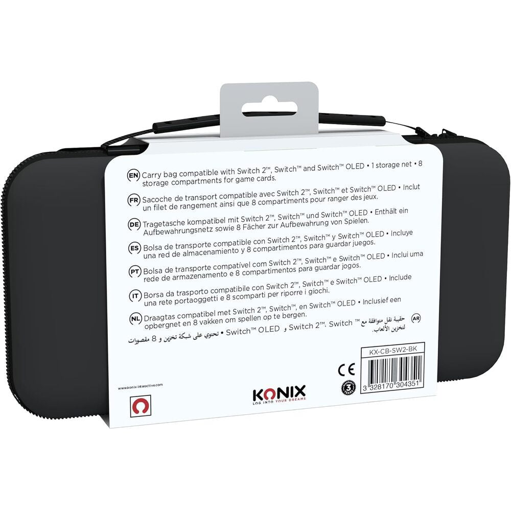 Konix Housse de protection et transport Carry Bag console Nintendo Switch 2 - Filet rangement accessoires - 8 compartiments jeux - Noir