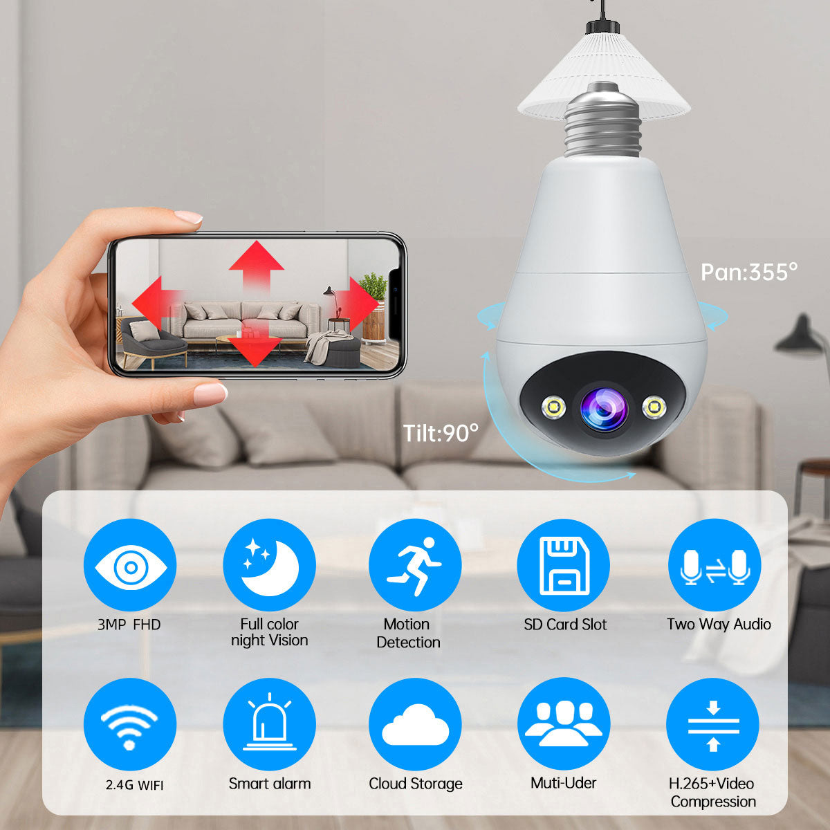 JOOAN E27 Caméra de surveillance Ampoule, sans fil, Intérieur/Extérieur, Pan/Tilt 360°, Vision nocturne couleur, Lampe LED et projecteur, Wi-Fi 2,4 GHz