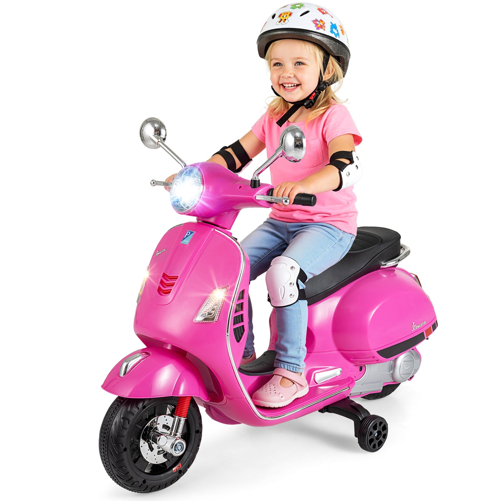 Costway Scooter électrique pour enfants Vespa sous licence 12 V, Scooter motorisé 4 roues avec musique, klaxon, histoires et roues stabilisatrices, 3-6 ans, Rose