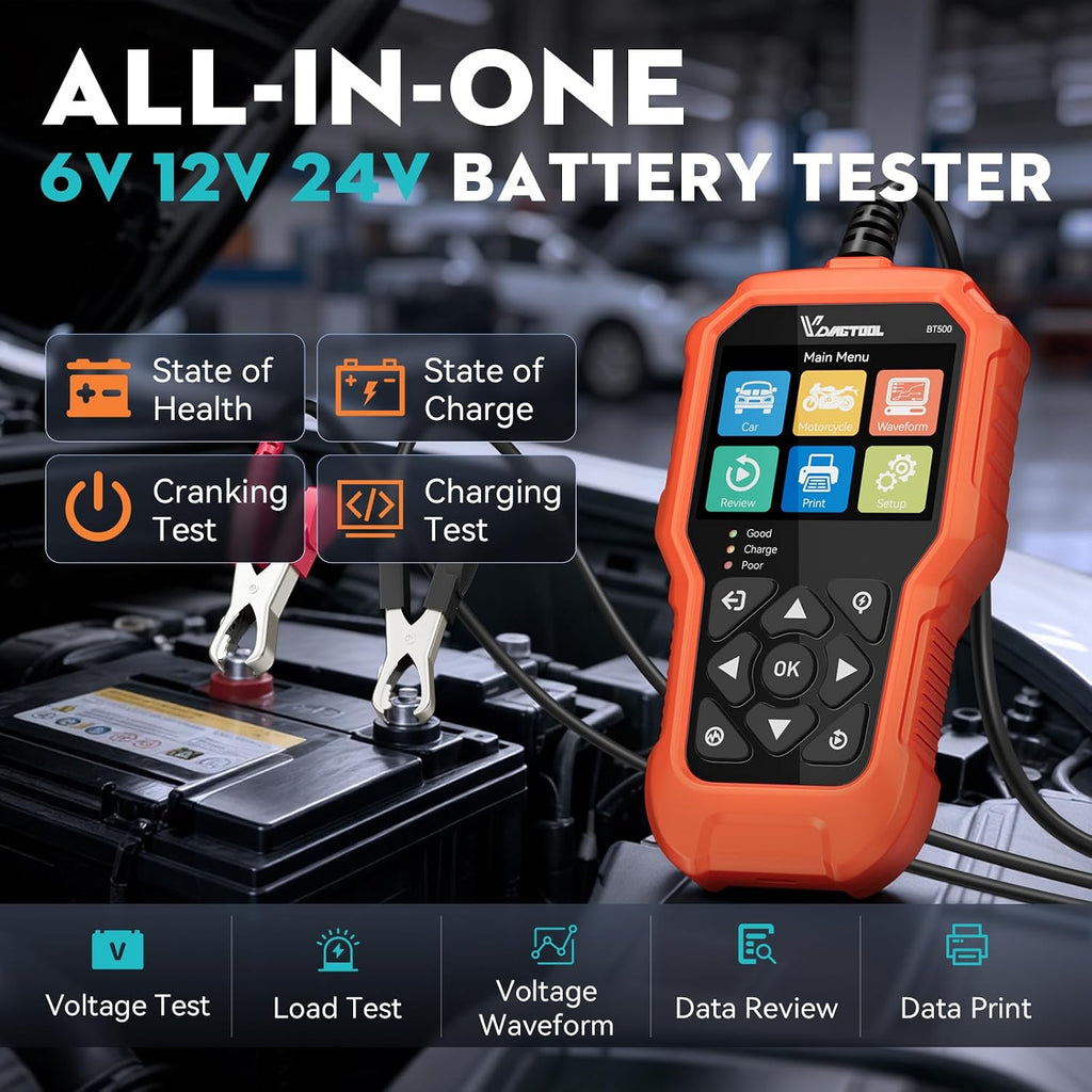 Testeur de batterie de voiture 6 V 12 V 24 V VDIAGTOOL BT500, Testeur de charge de batterie 5-3000 CCA