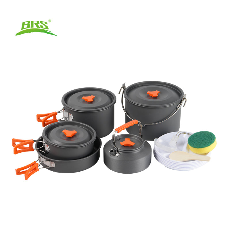 BRS Série 157 Set de cuisine de camping, Marmite suspendue 4,2 L, Grande marmite 2,9 L, Marmite moyenne 1,7 L, Poêle 1,3 L, Gourde 1,1 L
