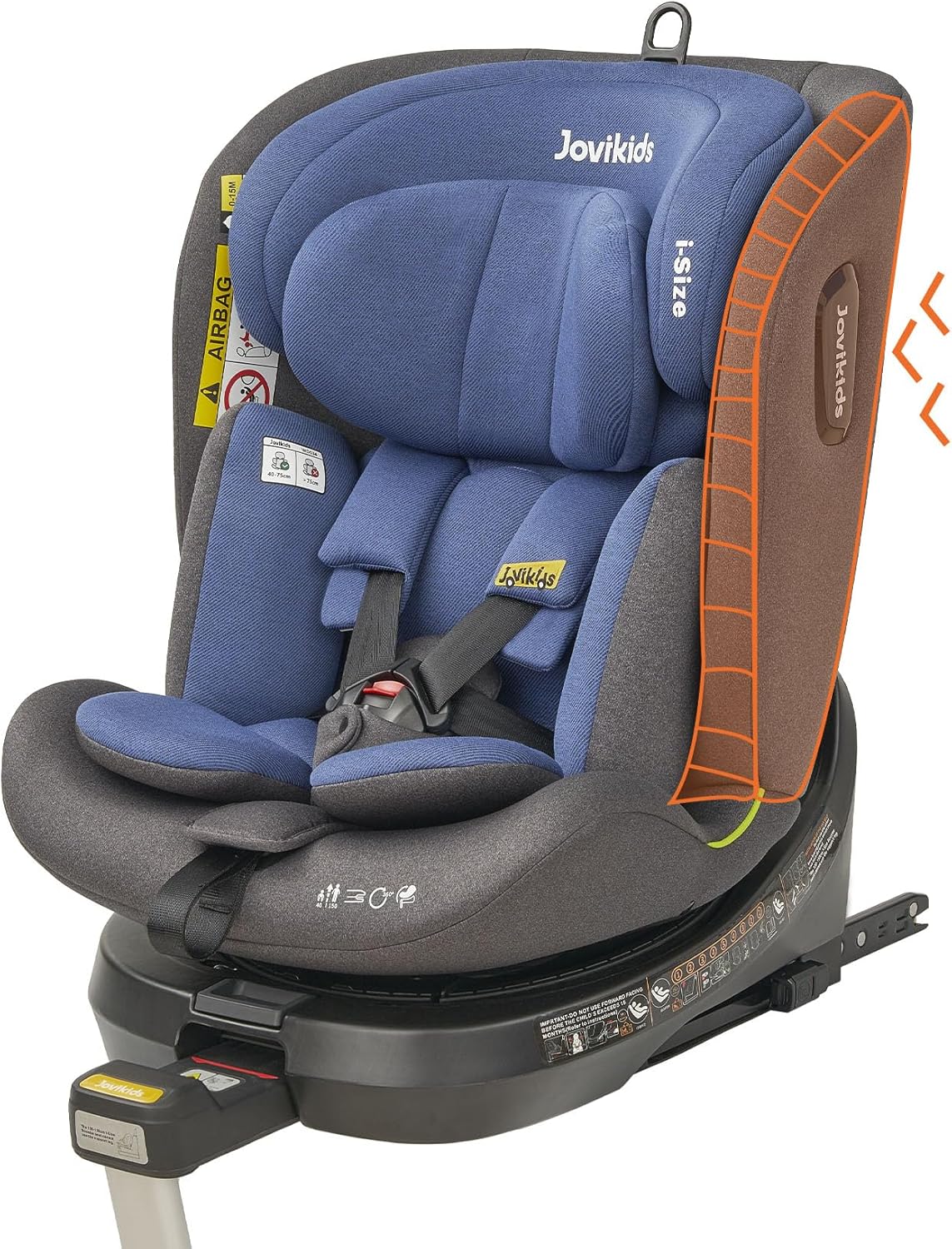 Jovikids siège auto 360° i-Size avec ISOFIX, 40-150 cm - rotation à 360°, convient de la naissance à 12 ans, 12 réglages de l'appui-tête, tissu lavable - la sécurité avant tout (bleu)
