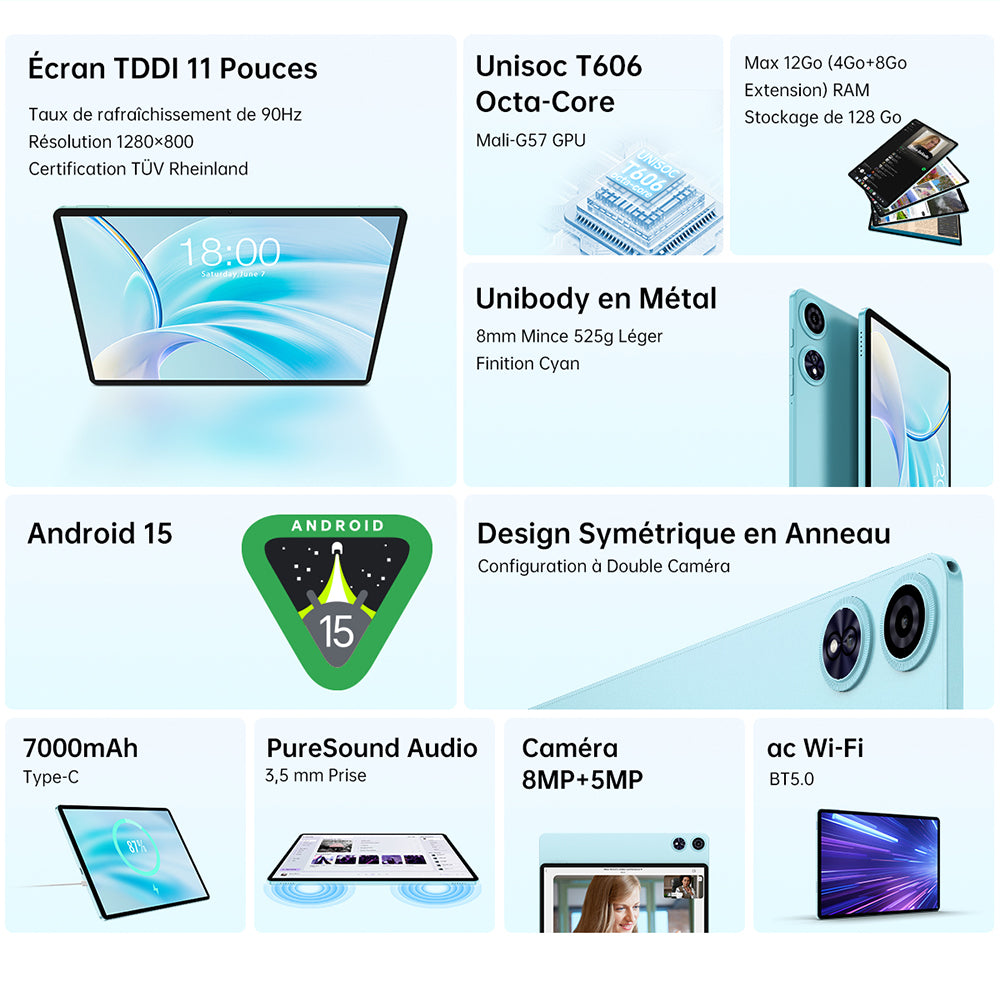 TECLAST P50 Tablette Android 15 11 pouces, 90 Hz, Unisoc T606 huit cœurs, 12 Go RAM, Stockage 128 Go, Wi-Fi double bande, 7 000 mAh avec ensemble d'accessoires