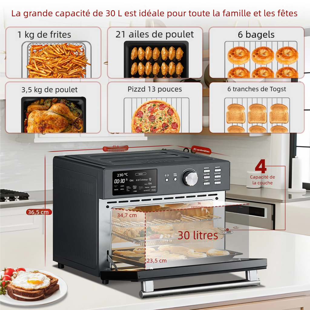 OIMIS Four friteuse à air chaud et grille-pain, 30 L, extra large, avec rôtissoire et déshydrateur, 21 programmes, compatible pizza 33 cm, 1800 W, gris