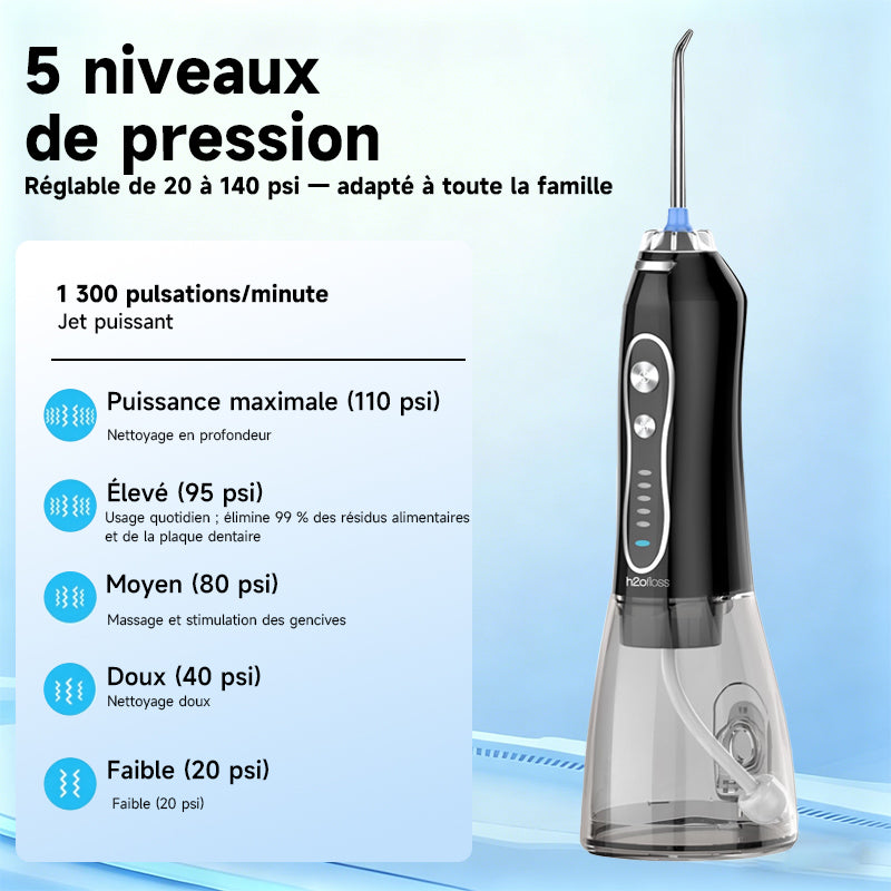 h2ofloss Hydropulseur dentaire portable, batterie 2500 mAh, 140 psi, 5 canules, étanche IPX7, 5 modes, rechargeable par USB - Noir