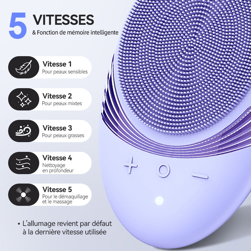 Sunluxy JMY-103 Brosse nettoyante pour le visage, 5 modes de vibration, nettoyage doux avec tête en silicone, design portable avec anneau de suspension, soin beauté à domicile, violet