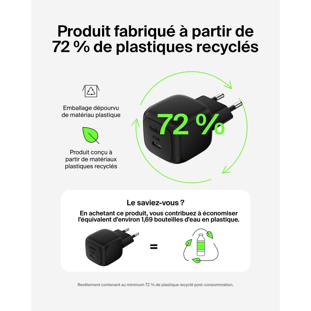 Belkin BoostCharge 45 W Chargeur Compact avec Câble de Charge Rapide USB-C vers USB-C (Prend en Charge iPhone 16/15/14, Galaxy S25/S24, Pixel 9, iPad, AirPods, etc., Noir)