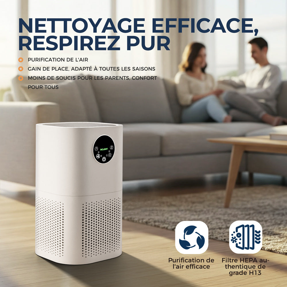 ROUNY Purificateur d'air pour la maison, filtre HEPA H13, CADR 150 m³/h, couverture 20-50 m², mode veille ≤25 dB, affichage de la qualité de l'air, 4 vitesses de ventilation