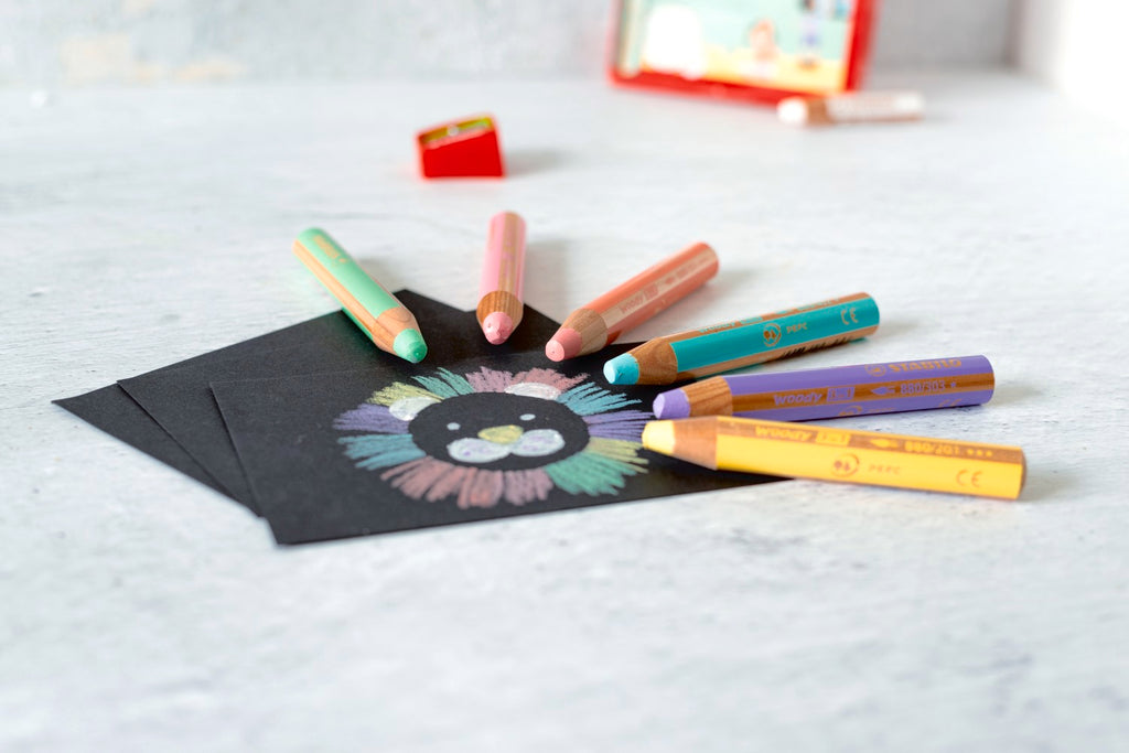STABILO Woody Lot de crayons de couleur 3-en-1 - 6 couleurs pastel (Aquarelle et crayon de cire) avec taille-crayon