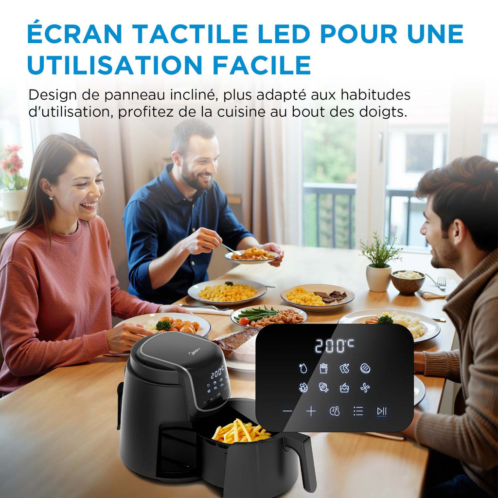 Friteuse sans huile Midea - 4 L, 1500 W, 8 modes préréglés, 35-200 °C, Cuisson, Rôtissage, Gril, Décongélation, Alarme de secouage, Minuterie de 60 minutes, 41 recettes