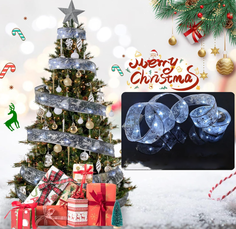 Ju7cer Guirlande lumineuse à rubans 5 m, 50 lumières, 2 paquets de piles , décoration de sapin de Noël, blanc argenté, atmosphère festive, convient pour l'intérieur et l'extérieur