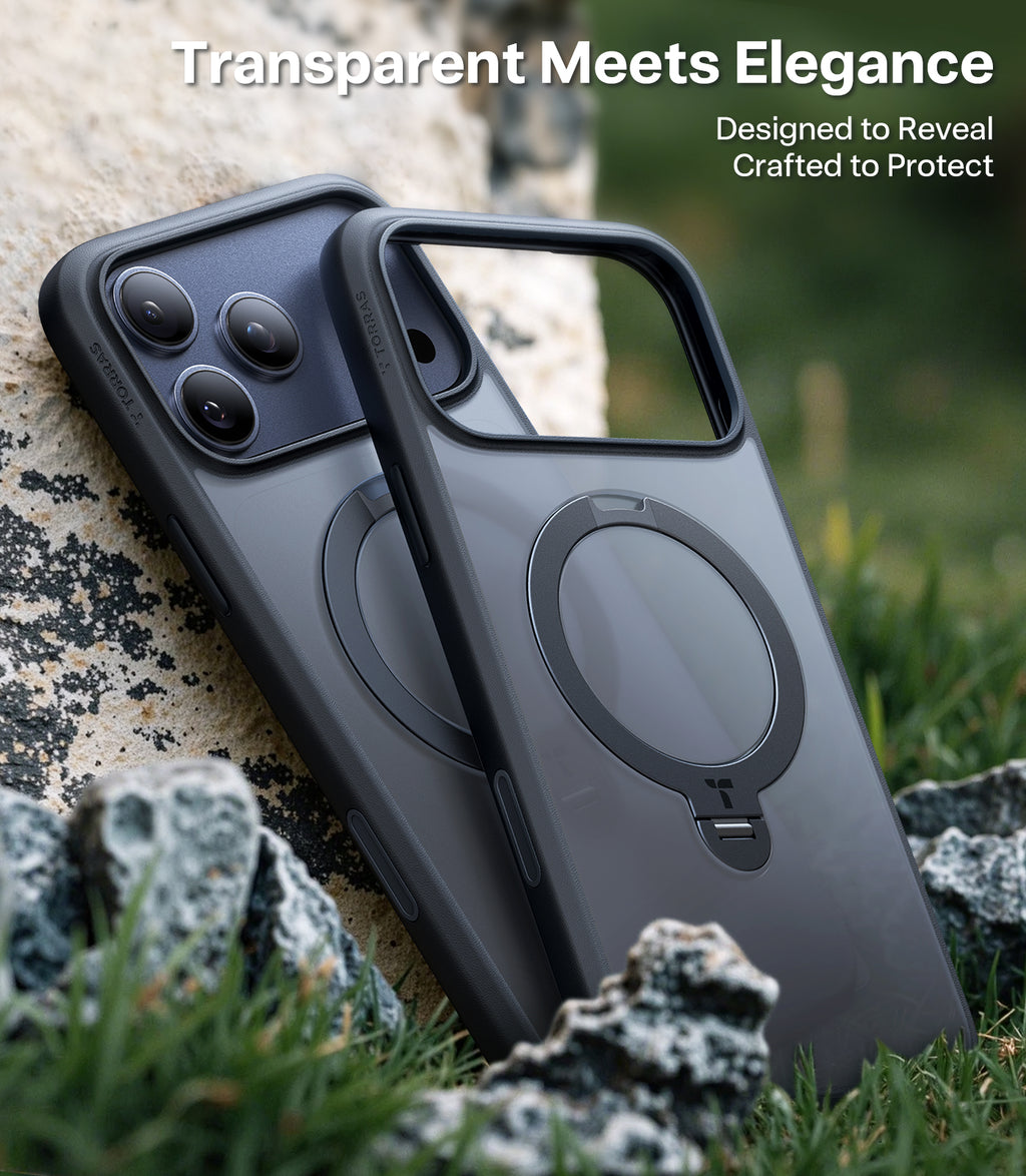 TORRAS Ostand Série Spin pour Coque iPhone 17 Pro Max Support Magnétique Rotatif à 360° Protection Militaire, Finition Mate Antidérapante et Anti-traces de Doigts - Noir