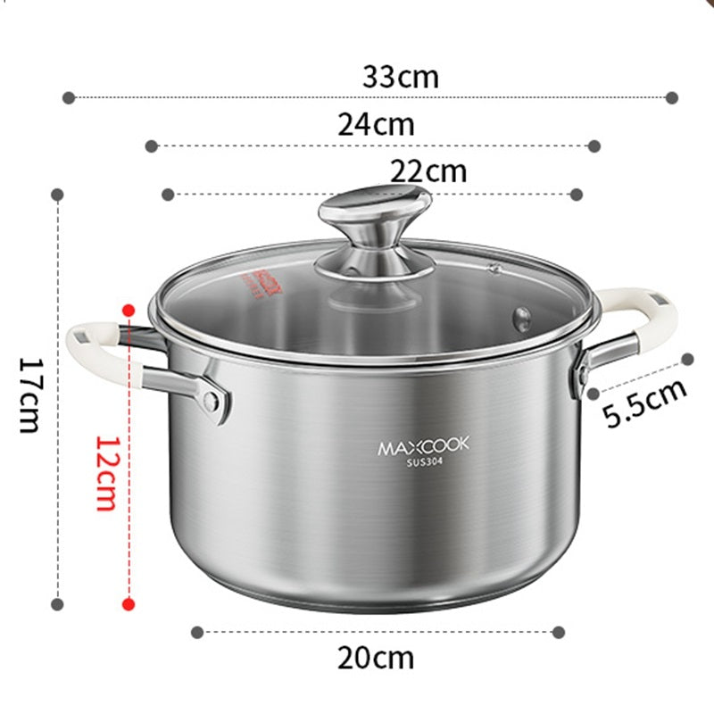 MAXCOOK Faitout tous feux 22 cm en acier inoxydable 304 avec couvercle en verre et poignées en silicone - 4,3 L