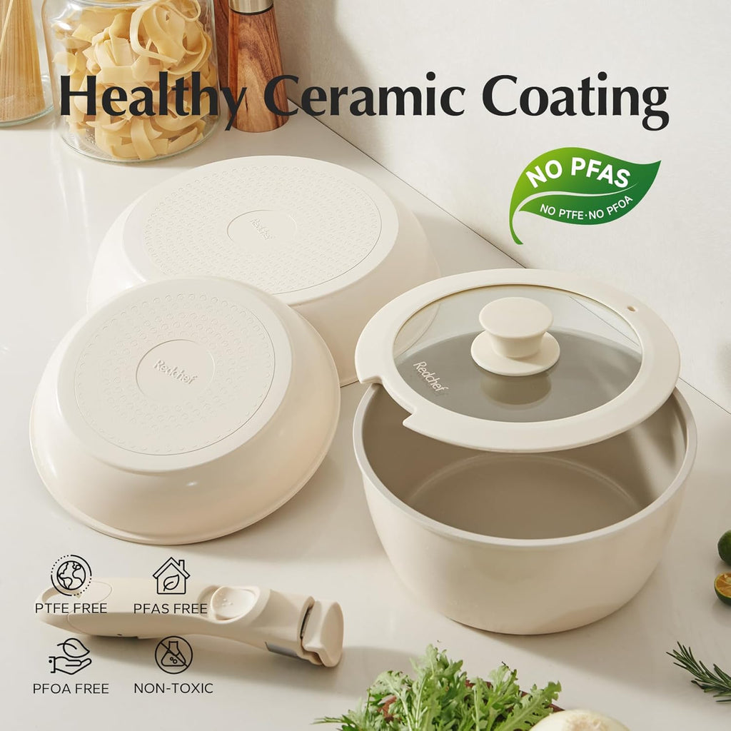 Redchef Batterie de cuisine en céramique 16 pièces avec poignées amovibles, extérieur Blanc, intérieur Café, sans PTFE/PFAS/PFOA, compatible lave-vaisselle