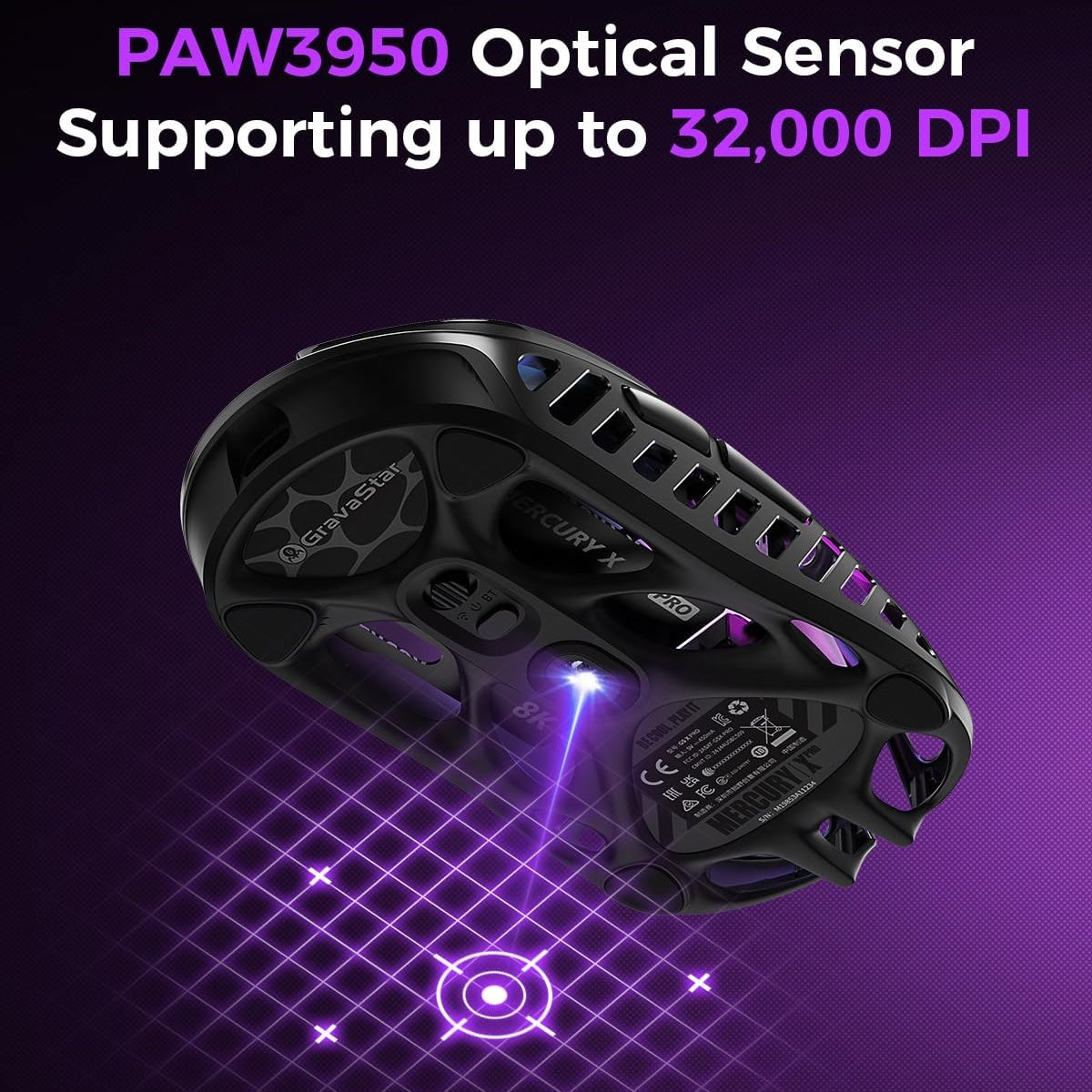 Souris de jeu sans fil GravaStar Mercury X Pro 49 g, Dongle 8K, Capteur PAW 3950 32 000 DPI, Taux d'interrogation 8 000 Hz, Alliage de magnésium, Design creux, Éclairage RGB
