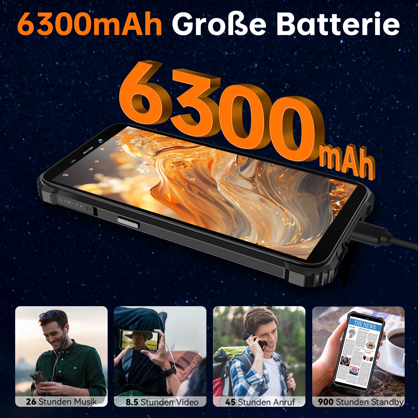 OUKITEL WP32 Android 15 6300 mAh Téléphone Portable Extérieur 12 Go + 128 Go (1 To Extensible) Smartphone Robuste Noir Double SIM, NFC