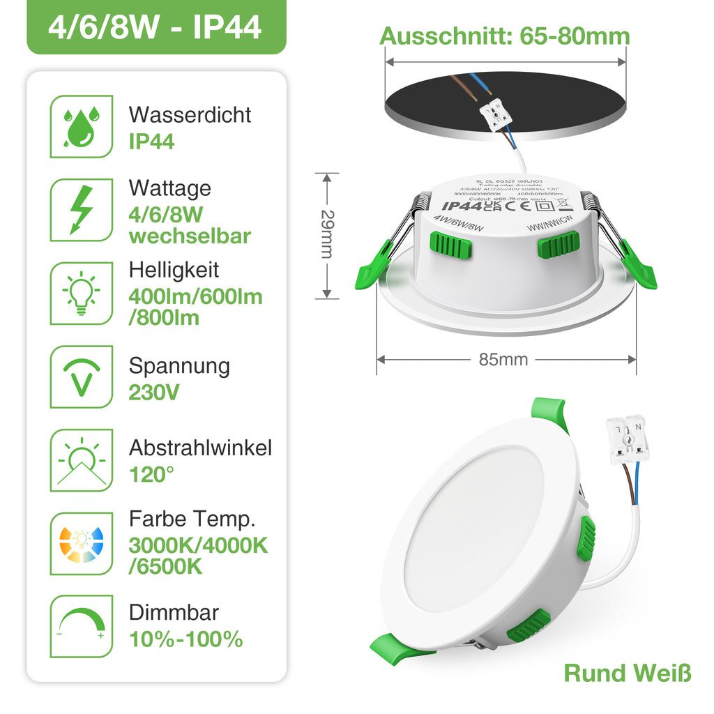 ALIPODLAX Spot LED encastrable, 230 V, Intensité variable, Ultra plat, 68 mm, 3 WT/4 W/6 W/8 W, 3 CCT (3000 K/4000 K/6500 K), IP44
