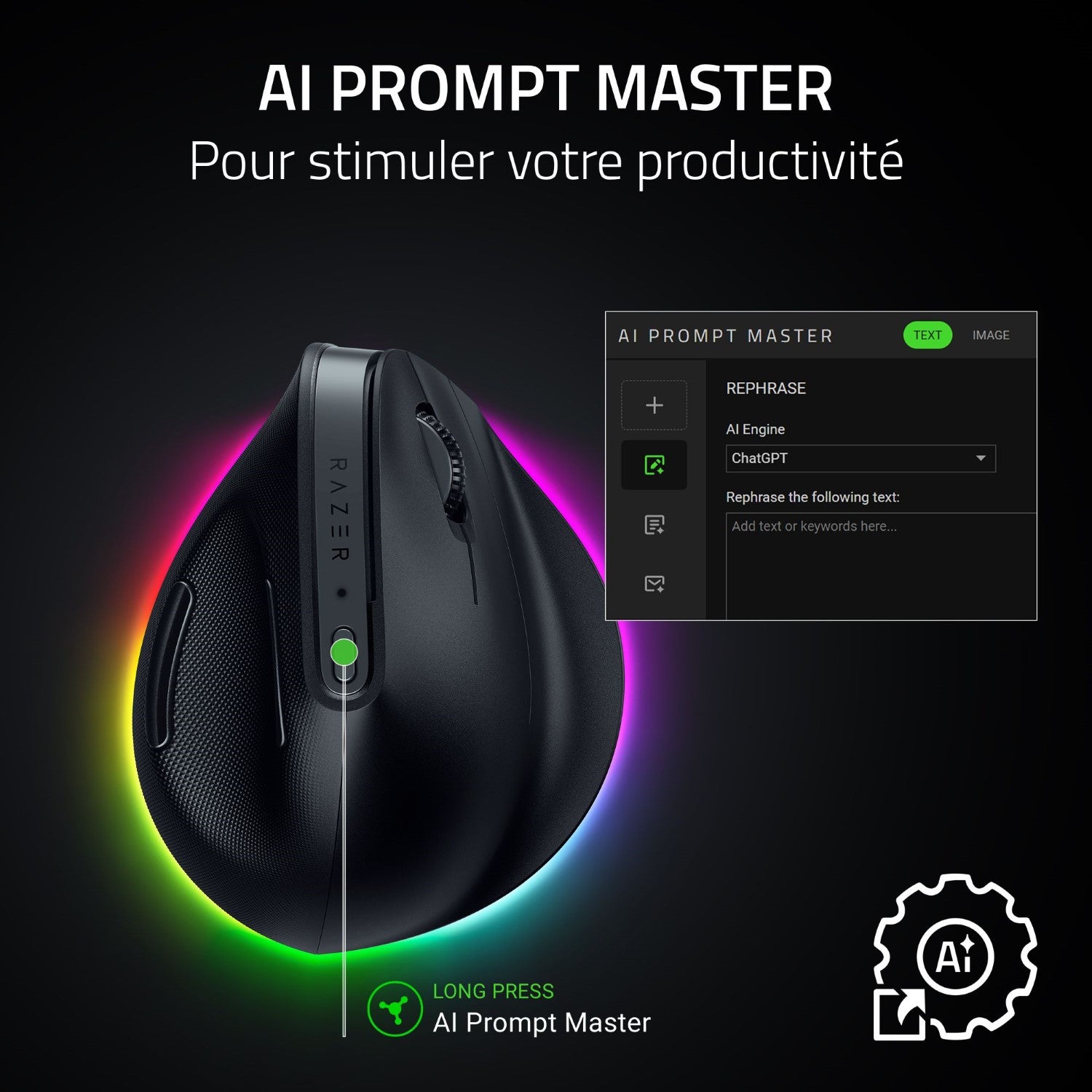 Razer Pro Click V2 Souris de jeu ergonomique verticale sans fil - pour droitier, 30000 DPI, 6 boutons - Noir