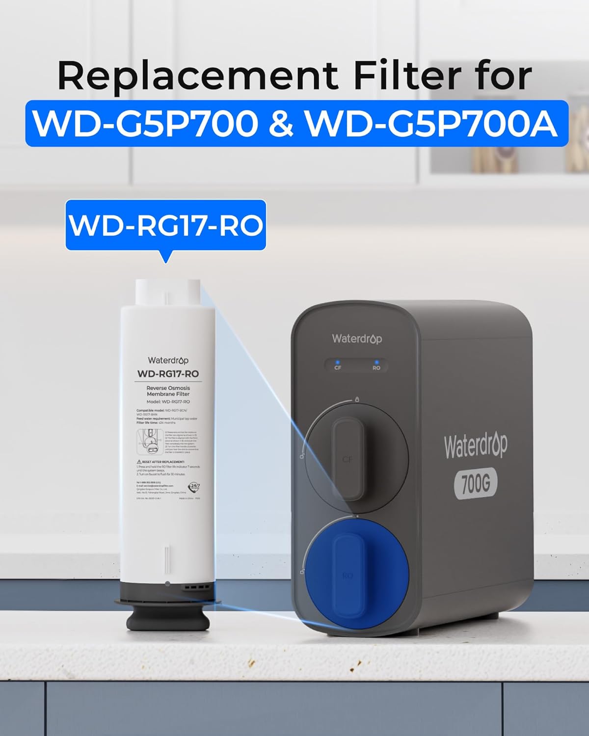 Cartouche de Filtre de Remplacement Waterdrop WD-G5P700A-CF pour Système d’Osmose Inverse Sous Évier WD-G5P700A – Durée de Vie 6 Mois