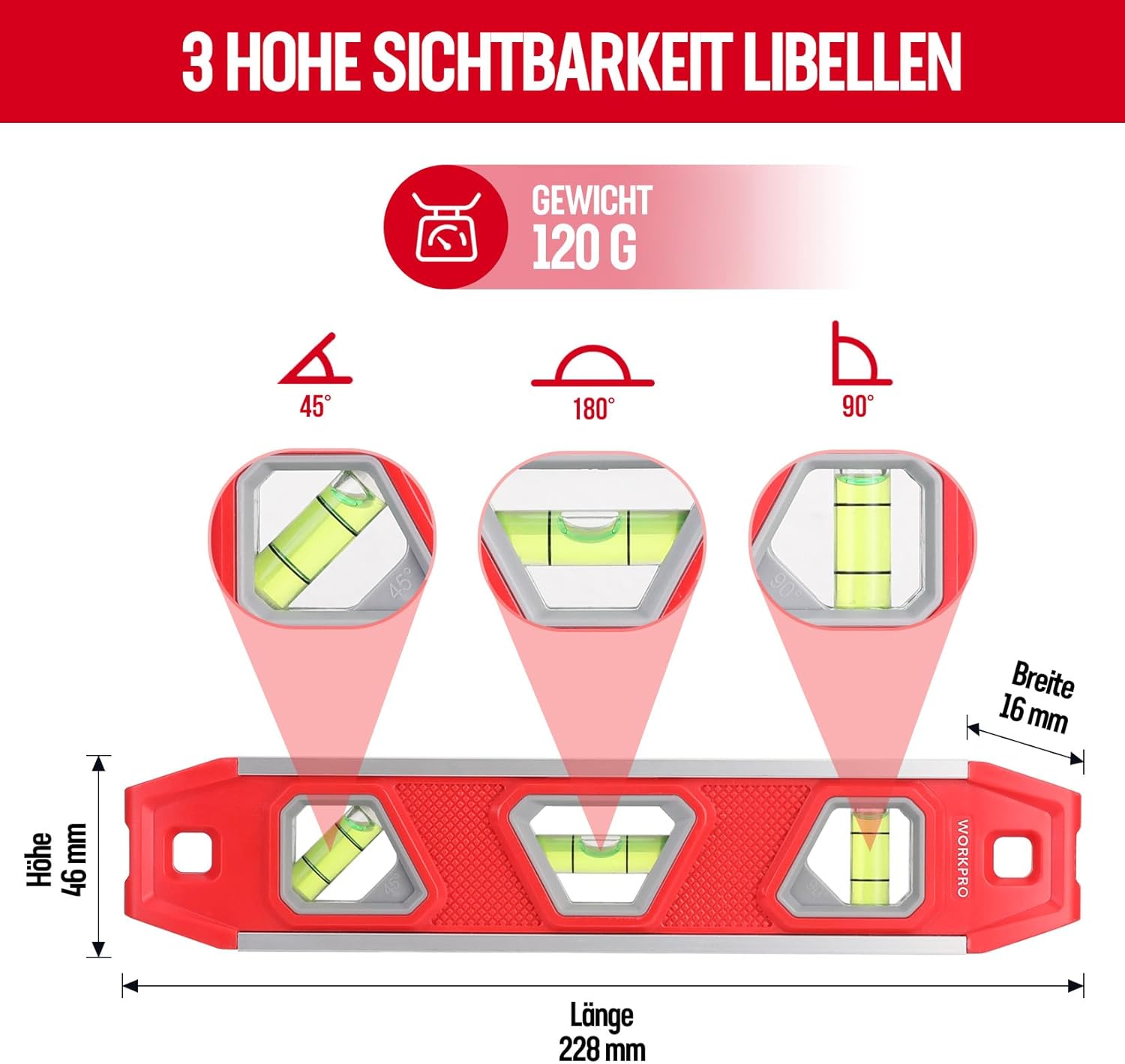WORKPRO Niveau à bulle magnétique mini torpédo avec 3 niveaux 45°/90°/180° - 23 cm