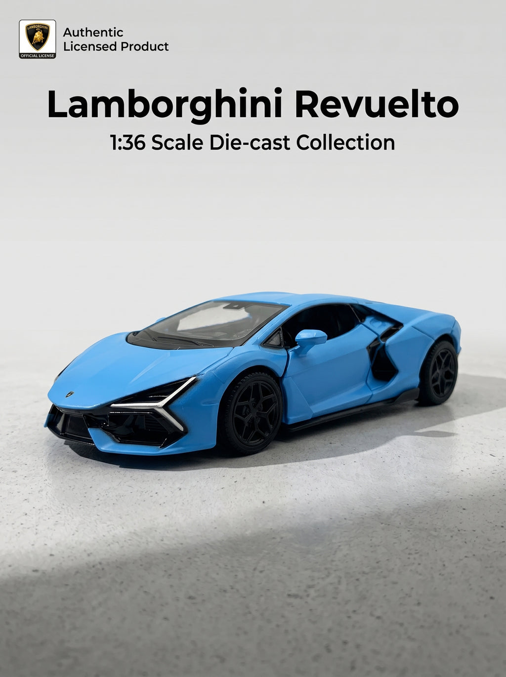 Voiture miniature 1:36 Lamborghini Revuelto, Finition bleu mat, Alliage moulé sous pression avec portes ouvrantes et action de recul, Jouet parfait pour enfants et pièce de décoration