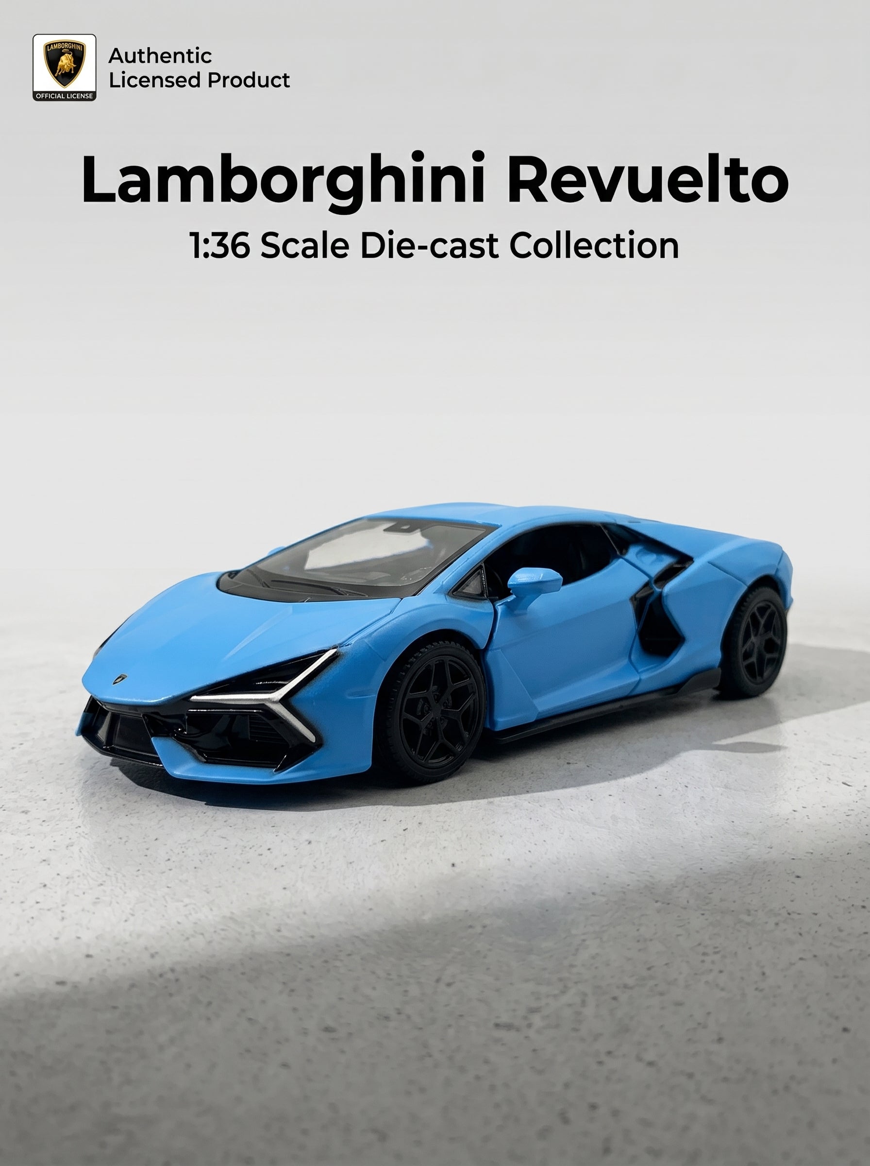 Voiture miniature 1:36 Lamborghini Revuelto, Finition bleu mat, Alliage moulé sous pression avec portes ouvrantes et action de recul, Jouet parfait pour enfants et pièce de décoration