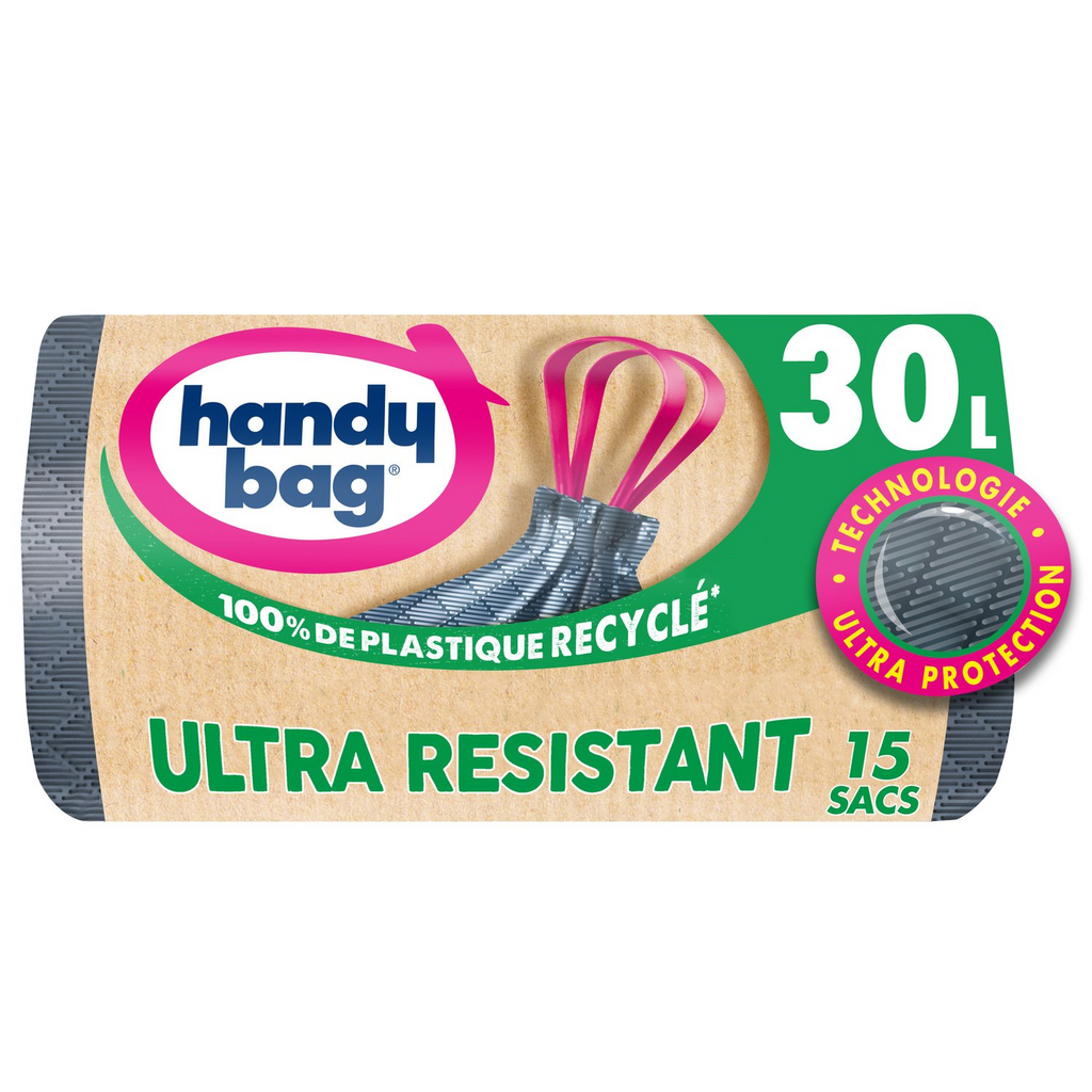 Sacs Poubelle Handy Bag Ultra-Résistants à Poignée Coulissante, 30 L, Indéchirables & Étanches, 55 x 63 cm, 15 Sacs