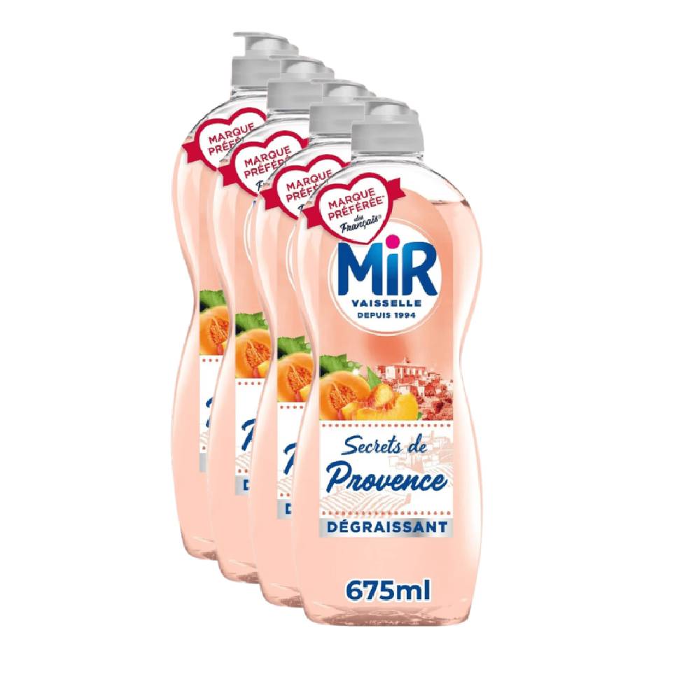 MIR Secrets de Provence Liquide Vaisselle Vignoble Pêche & Melon Dégraissant 4 x 675 ml (= 2,7 L)