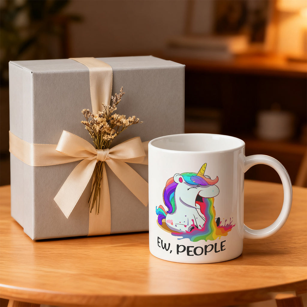 Alphynix Mug blanc 1 pièce 11 oz avec citation impertinente "BEURK, LES GENS" et licorne crachant un arc-en-ciel, cadeau amusant contrasté de Noël ou de Thanksgiving