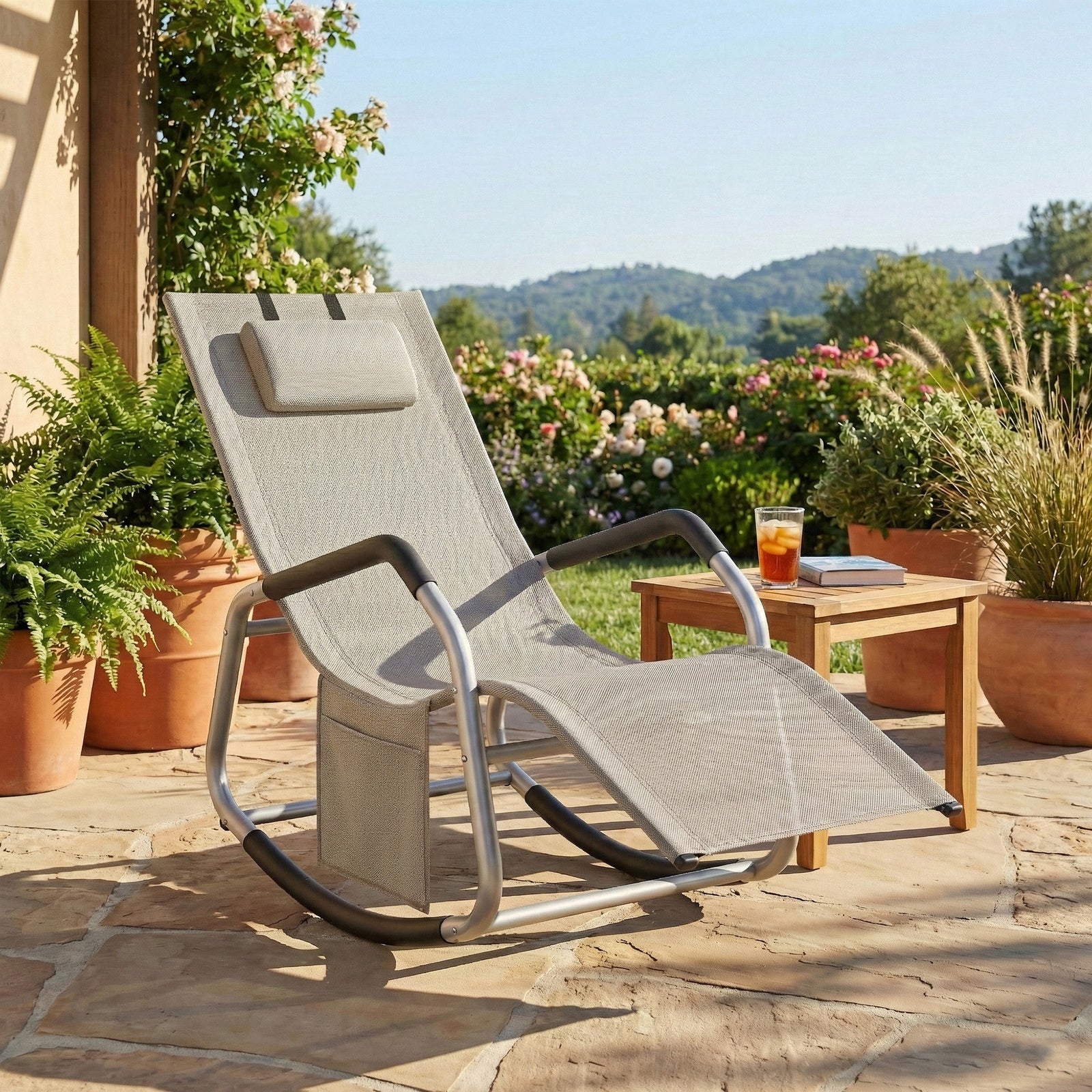 JOYFURNOS Chaise Relax de Jardin, Fauteuil à Bascule avec Poche, Cadre en Acier, Tissu Respirant, Gris Tourterelle