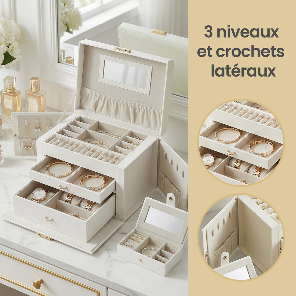 JOYFURNOS Boîte à bijoux 3 niveaux, Organisateur de bijoux avec 2 tiroirs, Étui à bijoux avec étui de voyage portable, Avec poignée, Verrouillable, Idée cadeau, Housse en PU blanc nuage, Doublure blanche crème