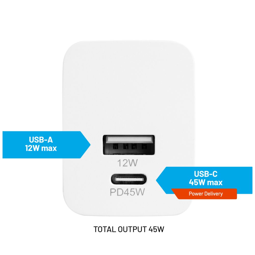 FIXED Chargeur de voyage mini USB-C/USB 45W, Blanc