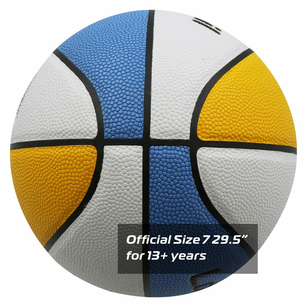LONGSAIL Ballon de basket-ball en cuir composite haut de gamme/cuir microfibre taille 5 Jaune/Blanc/Bleu polyuréthane absorbant l’humidité