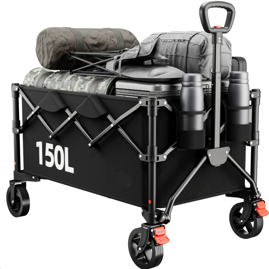 Chariot de transport pliable avec poignée à un clic, roues tout-terrain et freins 120 kg 150 L - Noir
