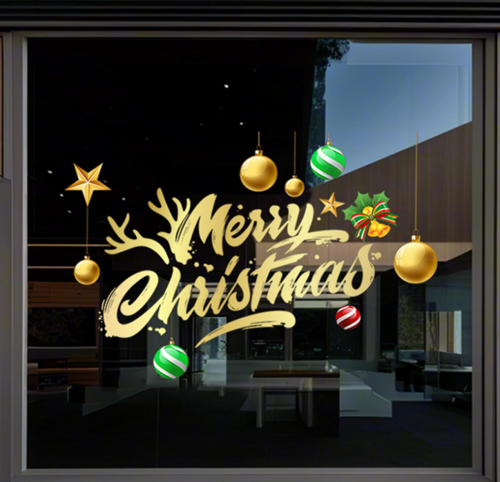 JU7CER Grandes décorations de fenêtre de Noël - Bonheur et boules dorées, motif de lettres, décoration de fenêtre pour les fêtes, décoration de fenêtre de Noël réutilisable (Joyeux Noël)