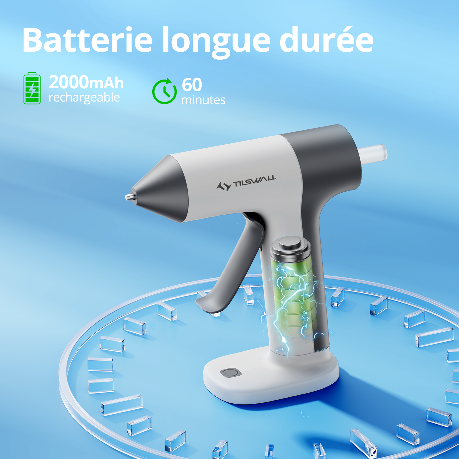 TILSWALL Pistolet à colle thermofusible sans fil, préchauffage rapide 30 s, batterie 2000 mAh, buse anti-goutte, 20 bâtons de colle thermofusible (7 x 140 mm), idéal pour bricolage, loisirs créatifs et réparations - Blanc