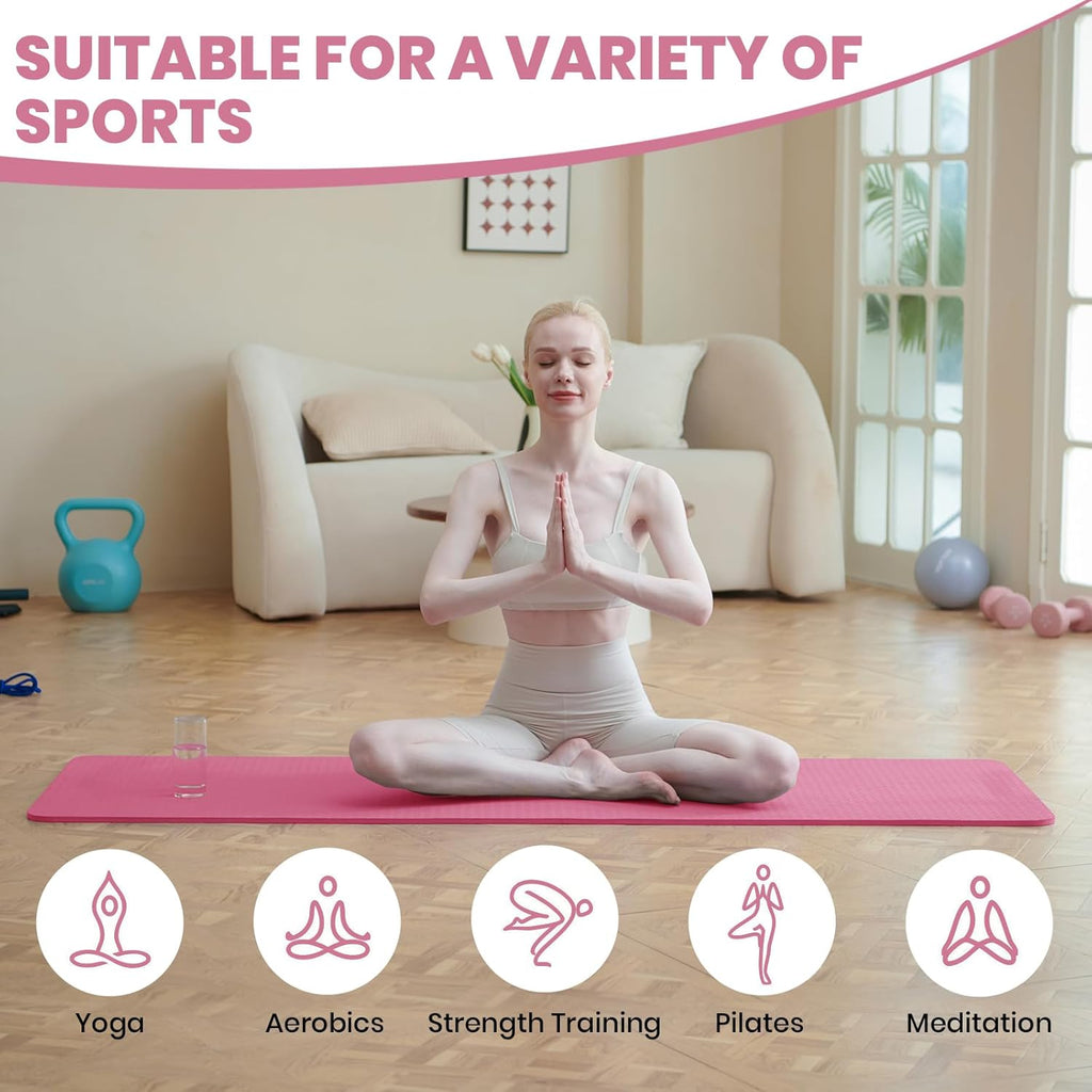 Good Nite Tapis de yoga en TPE épais 10 mm 183x61 cm Tapis d'exercice antidérapant avec sangle de transport, Coussinage supplémentaire pour pilates salle de sport entraînement à domicile, Prune