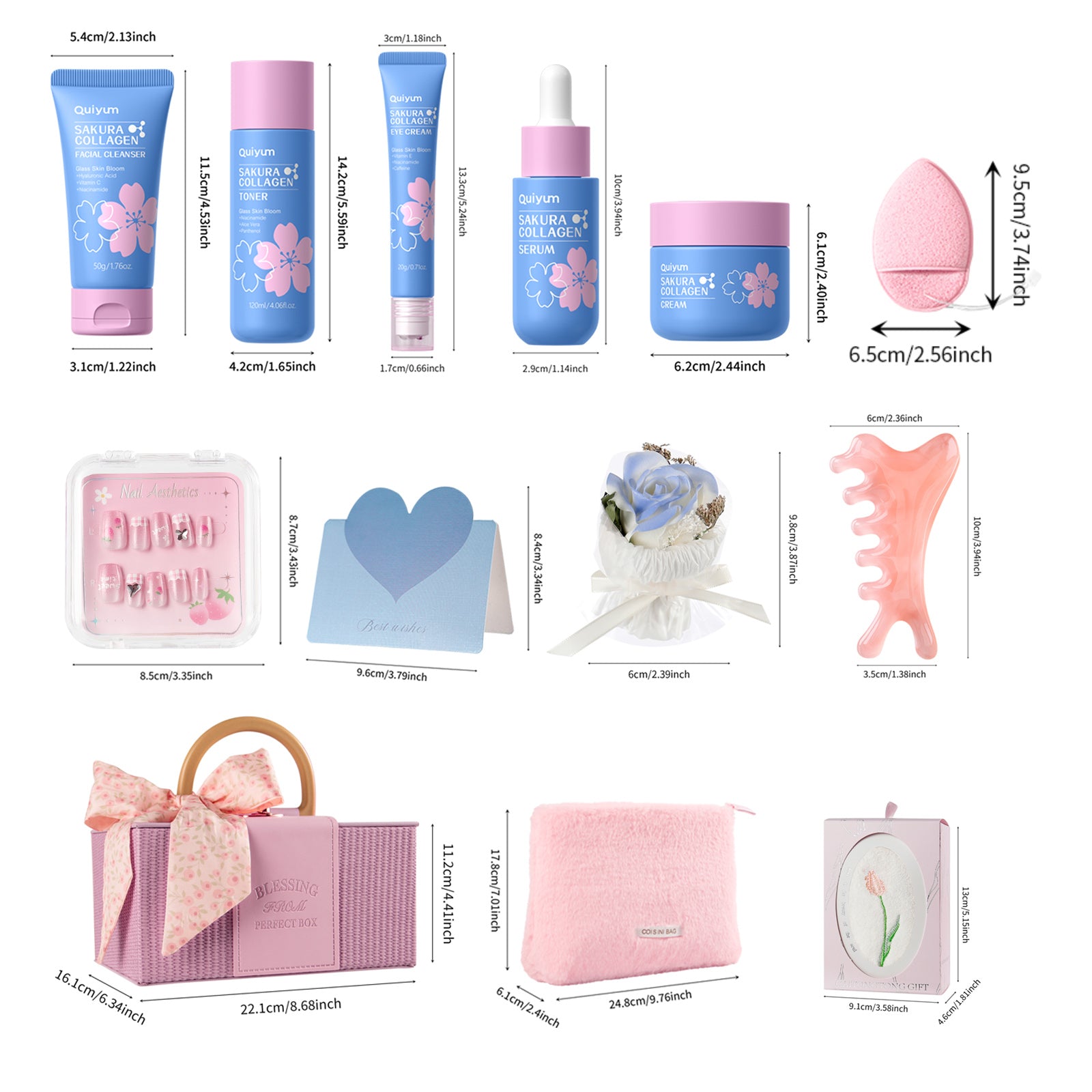 Quiyum Coffret de soins Sakura au collagène 12 pièces Nettoyant 50 g, Lotion tonique 120 ml, Sérum 30 ml, Crème contour des yeux 20 g, Crème 50 g, Autocollants pour ongles, Serviette