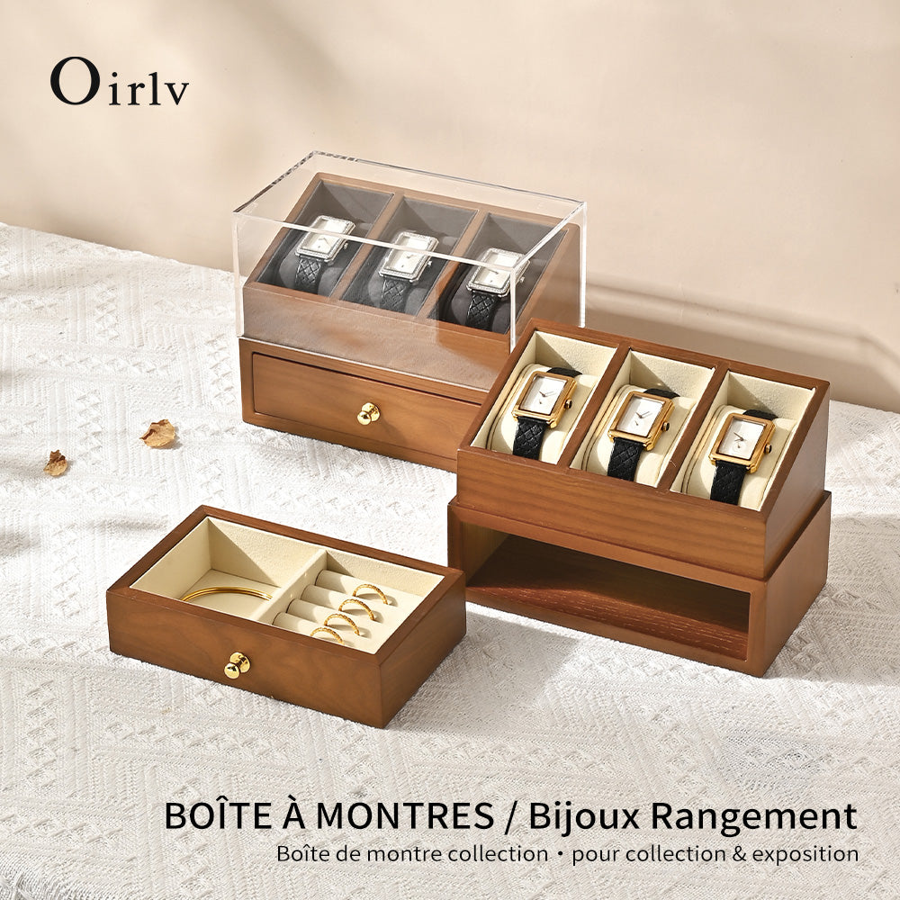 Oirlv 3 Grilds Boîte à montres en bois, organisateur de bijoux à double couche, boîte d'exposition pour montres, boîte de rangement anti-poussière avec couvercle transparent