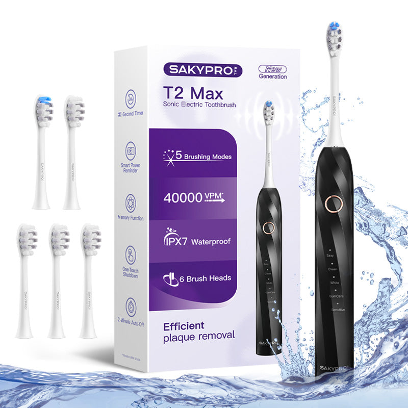 SAKYPRORAL T2 MAX Brosse à dents électrique avec 6 têtes de brosse, 5 modes de brossage, autonomie de 75 jours, minuteur intelligent - Noir