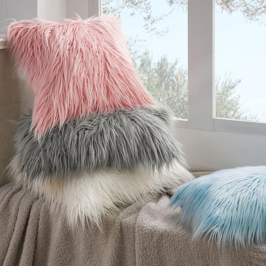 PHANTOSCOPE Housse de Coussin en Fausse Fourrure Coussin Décoratif Moelleux Mongol Taie d'Oreiller Douce Pelucheuse Housse de Coussin pour Chambre et Canapé, Gris 18 x 18 Pouces