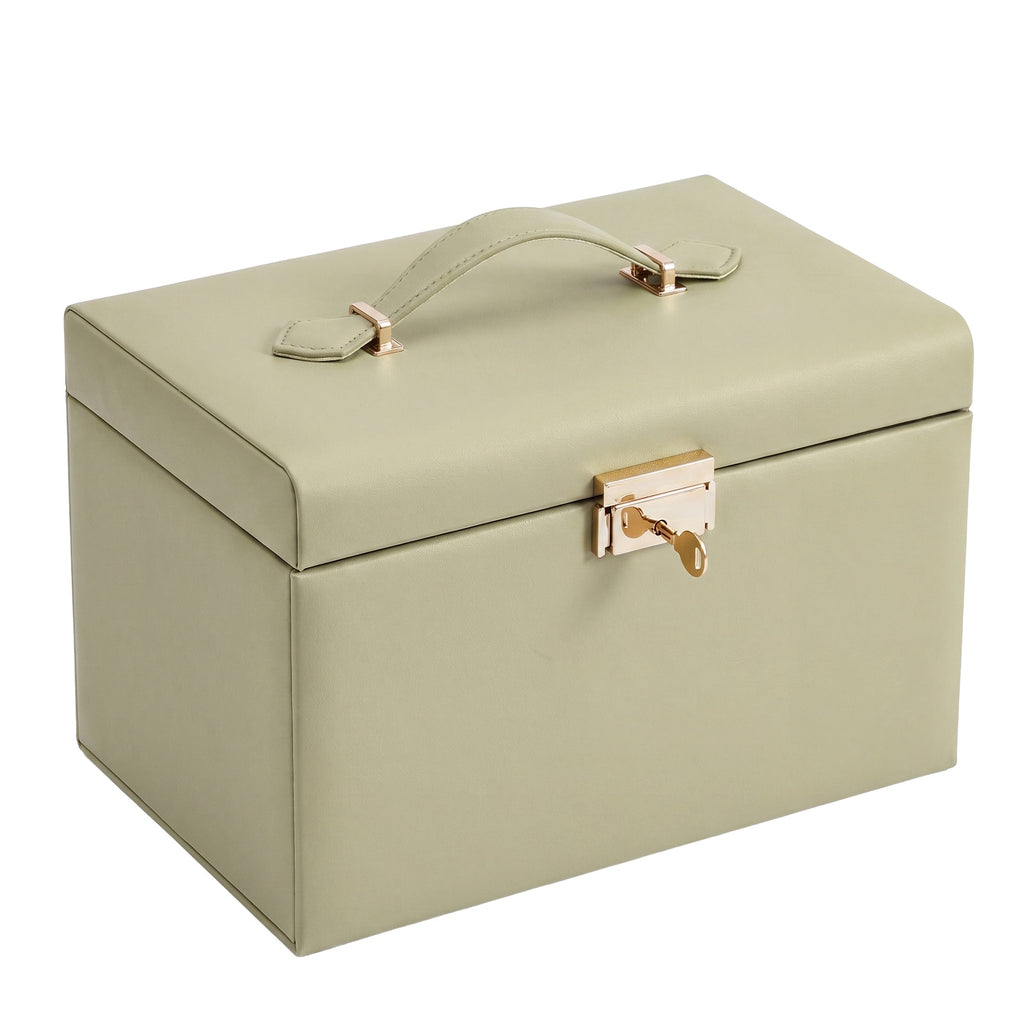 JOYFURNOS Boîte de rangement pour bijoux à 3 niveaux, Organisateur verrouillable avec poignée et 2 tiroirs, Cadeau pour femme, Usage de voyage, Vert