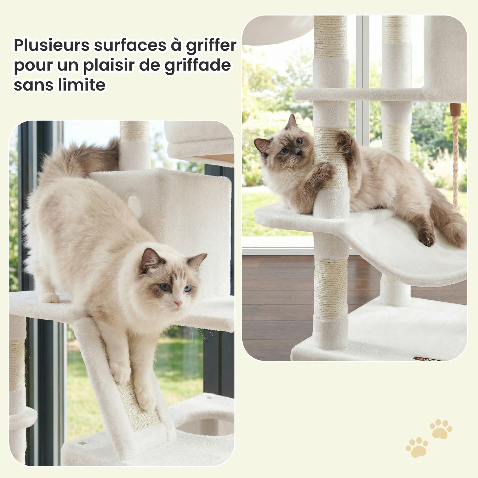 JOYFURNOS Arbre à chat, grande tour pour chat de 168 cm avec 13 poteaux à griffer, 1 rampe à griffer, 2 perchoirs, 2 niches, panier, hamac, pompons, blanc crème