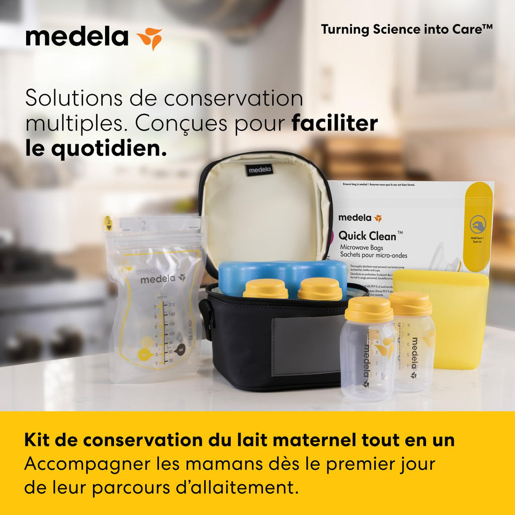 MEDELA Kit conservation lait maternel tout-en-un - 4 Biberons 150 ml, 4 Sachets Easy Pour, 1 Sachet réutilisable, 1 Sachet Micro-ondes Quick Clean et Sac isotherme avec bloc réfrigérant